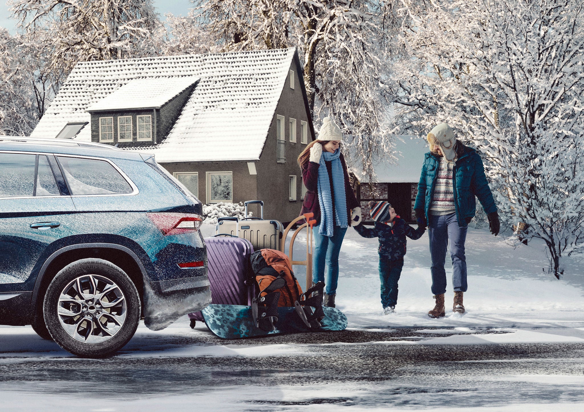 A family is preparing loading their SUV for winter holidays