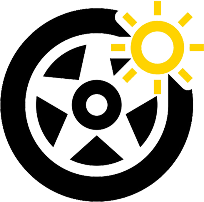 A graphic displaying a black tyre and a yellow sun.