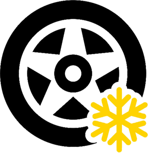 A graphic displaying a black tyre and a yellow snowflake
